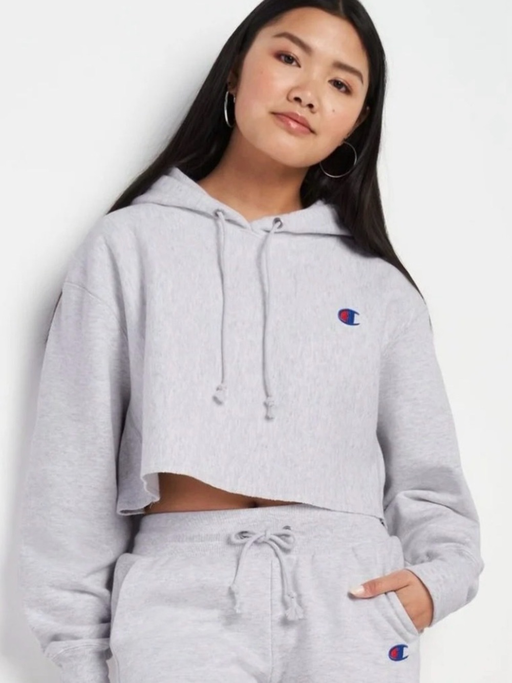 Champion Light Gray Cropped Hoodie with Embroidered Logo